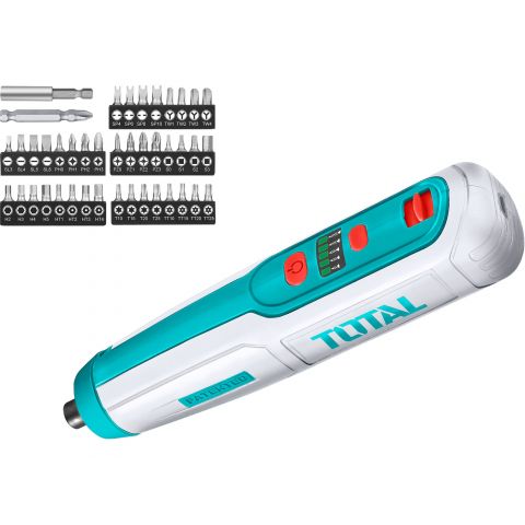 Total Mini wkrętarka akumulatorowa, 4 V, ładowanie USB, z zestawem końcówek TOTAL Total Mini wkrętarka akumulatorowa, 4 V, ładowanie USB, z zestawem końcówek TOTAL